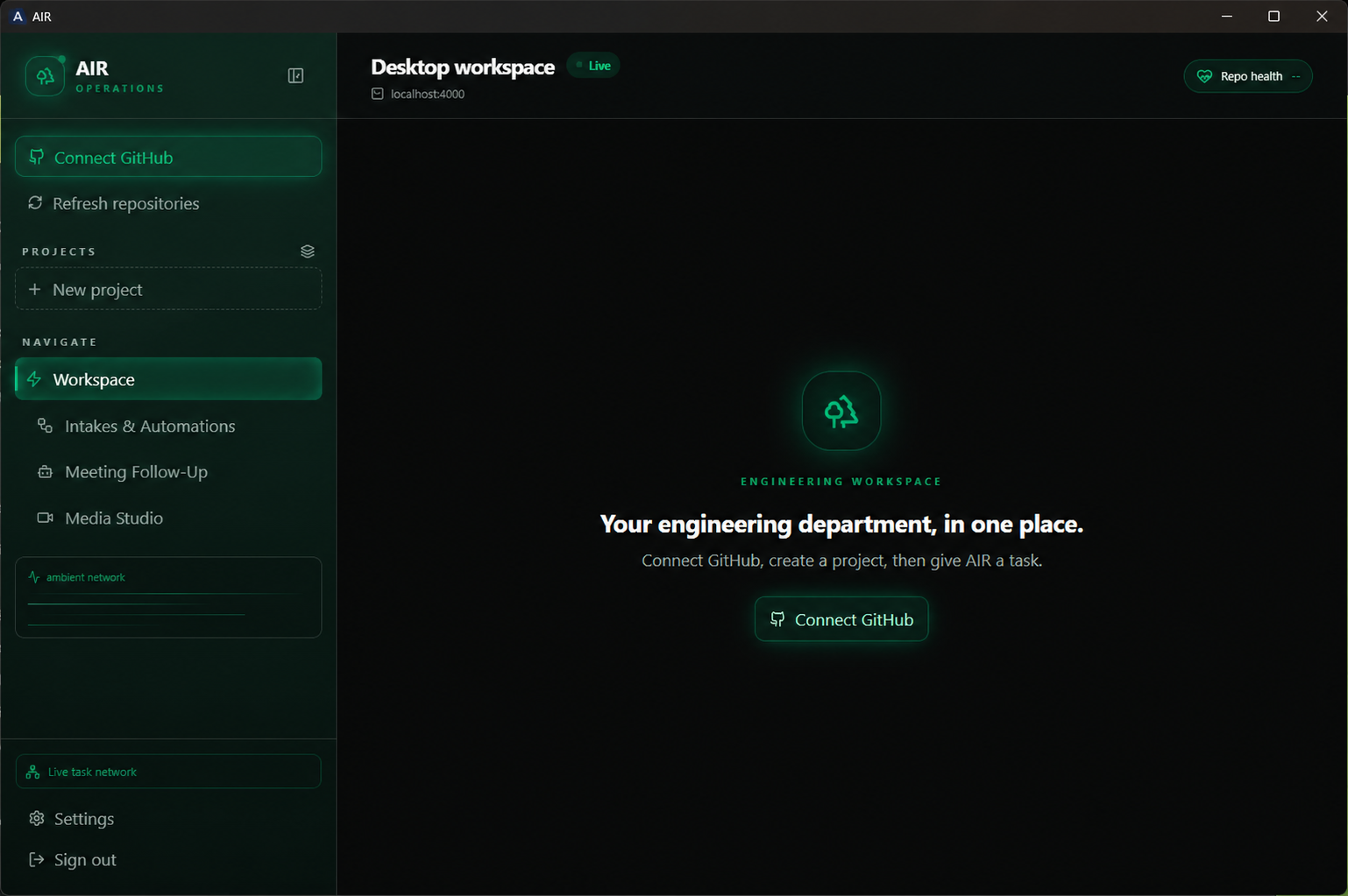 The real AIR desktop application showing its engineering workspace